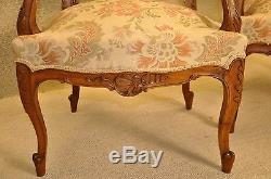 Antique Pair French Walnut Louis XV Style Heavily Carved Bergere Armchairs 19th