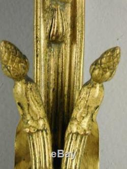 Antique Pair Ornate Bronze French Louis XVI Rosette Ribbon Tassel Acorn Sconces