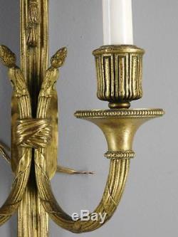 Antique Pair Ornate Bronze French Louis XVI Rosette Ribbon Tassel Acorn Sconces