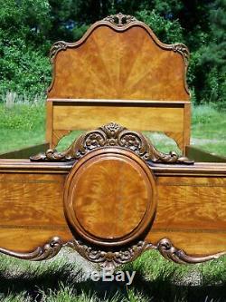 Antique Pair Ornate French Louis XV Rococo Style Burled Walnut Twin Size Beds