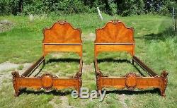 Antique Pair Ornate French Louis XV Rococo Style Burled Walnut Twin Size Beds