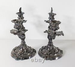 Antique Pair of French Louis XVI White Bronze Metal Candlestick Candelabras