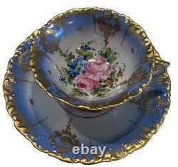 Antique Sevres Louis XV 1800's French blue floral gold raised Teacup & Saucer
