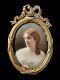 Antique Signed French Lady Enameled Portrait With Louis Xvi Ornate Brass Frame