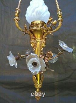 Antique Superb Jansen Medusa Faces Floral Louis XVI French Bronze Chandelier