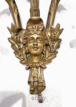Antique Superb Top Quality Figural Louis XVI Woman Face French 2 Bronze Sconces