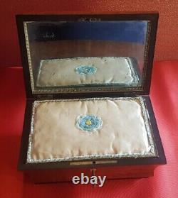 Antique Sycamore Wooden Box Mother Pearl Sewing Kit Royal Palace Lock Key 19th