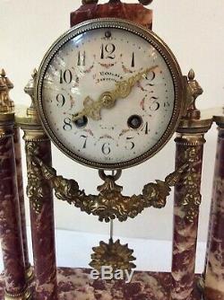 Antique Victorian French Louis XIV Portico Mantel Clock Garniture in Gilt Marble