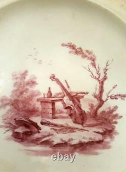 Antique Vincennes Porcelain Plate Musical Landscape Marked Pink Decoration 18th