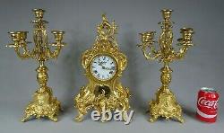 Antique Vintage French Gilt Bronze Clock Set Garniture W Candelabra Louis XV