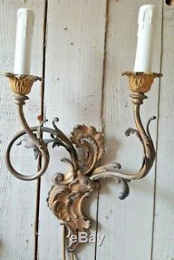 Antique Vintage French Louis Gilt Gold Metal Shabby Chic 2 Arm Wall Light