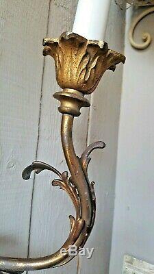 Antique Vintage French Louis Gilt Gold Metal Shabby Chic 2 Arm Wall Light