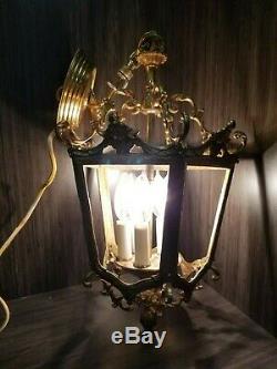 Antique Vtg French Louis Lantern Chandelier Gilt Bronze Ceiling Light Fixture