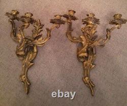 Antique Wall Sconce Pair Candle Holder Candelabra Gilt Bronze French Louis Style