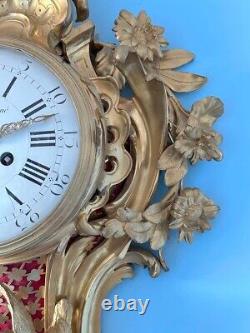 Antique XL French Louis XV Gilt Bronze Cartel Wall Clock S. Marti Movement