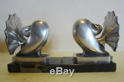 Antique art deco BRONZE book ends, silver plated French bookends by Louis Rigot