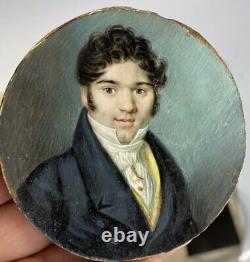 Antique c. 1825-30s French Portrait Miniature, Young Man in Yellow Vest, Louis-Ph