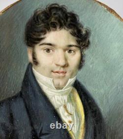 Antique c. 1825-30s French Portrait Miniature, Young Man in Yellow Vest, Louis-Ph