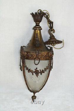 Antique french hall lantern bronze crystal glass louis XVI decor ram heads