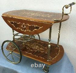 Antique french rolling cart bar Mid-1900's Louis XV style wood marquetry brass