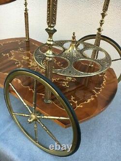 Antique french rolling cart bar Mid-1900's Louis XV style wood marquetry brass