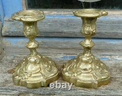 Antique old French Louis XV pair of Flambeaux candle holders etched and gilted b