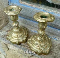 Antique old French Louis XV pair of Flambeaux candle holders etched and gilted b
