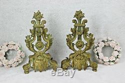 Antique pair French bronze harp louis XVI fireplace andirons mantel