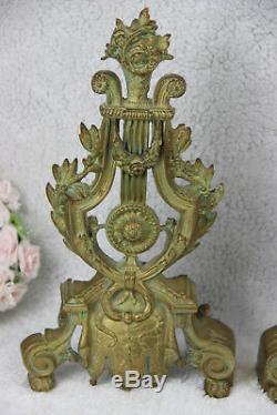 Antique pair French bronze harp louis XVI fireplace andirons mantel