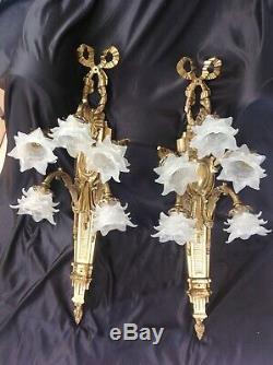 Antique pair of French empire Louis XV 1Meter long gold bronze/Brass wall lights