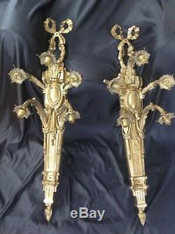Antique pair of French empire Louis XV 1Meter long gold bronze/Brass wall lights