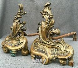Antique pair of french Louis XV style bronze andirons early 1900's Rocaille 8lb