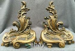 Antique pair of french Louis XV style bronze andirons early 1900's Rocaille 8lb
