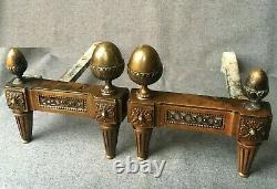 Antique pair of french Louis XVI style andirons 19th century bronze fireplace