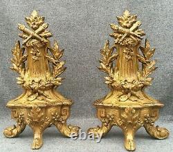 Antique pair of french Louis XVI style andirons 19th century gilded bronze 6lb