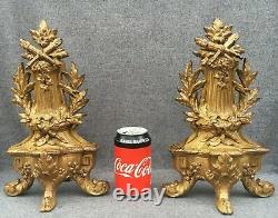 Antique pair of french Louis XVI style andirons 19th century gilded bronze 6lb