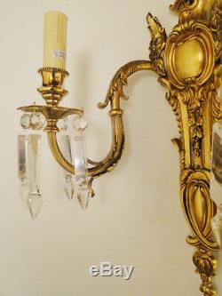 Antique solid bronze and glass french Louis XV style pair of sconces (1209)