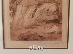 AntiqueVintage Pencil Signed EtchingLOUIS ICARTFrench Bedroom SceneVGC