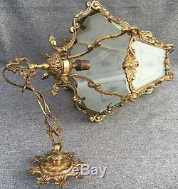 Big antique french ceiling lamp lantern early 1900's bronze glass Louis XV style