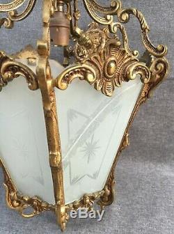 Big antique french ceiling lamp lantern early 1900's bronze glass Louis XV style
