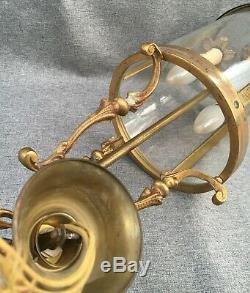 Big antique french ceiling lamp lantern mid-1900's brass glass Louis XVI style