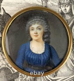 C. 1750s Antique French Portrait Miniature, Beautiful Woman Pearl Tiara, Louis XV