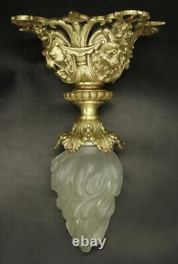 Ceiling Lamp Lion Heads Decor Louis XVI Style Bronze & Glass French Antique