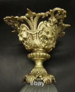 Ceiling Lamp Lion Heads Decor Louis XVI Style Bronze & Glass French Antique