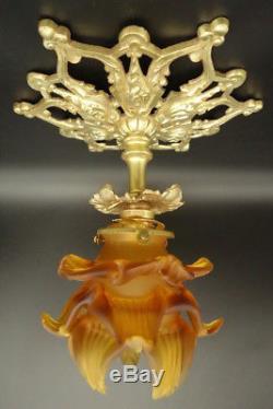 Ceiling Lamp, Louis XV Style Bronze & Tulip Amber Color French Antique