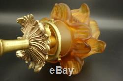 Ceiling Lamp, Louis XV Style Bronze & Tulip Amber Color French Antique