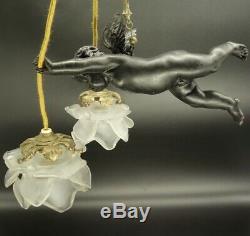 Ceiling Lamp Putti, Louis XVI Style Early 1900 Bronze & Glass French Antique