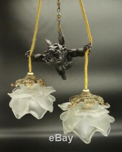 Ceiling Lamp Putti, Louis XVI Style Early 1900 Bronze & Glass French Antique