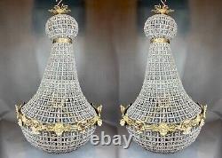 Chandeliers Pair Vintage French Louis XVI Bronze, Gold Leaf, 6-Light Design