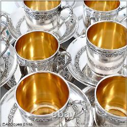 Combeau Rare French Sterling Silver 18K Gold Twelve Coffee Cups & Saucers